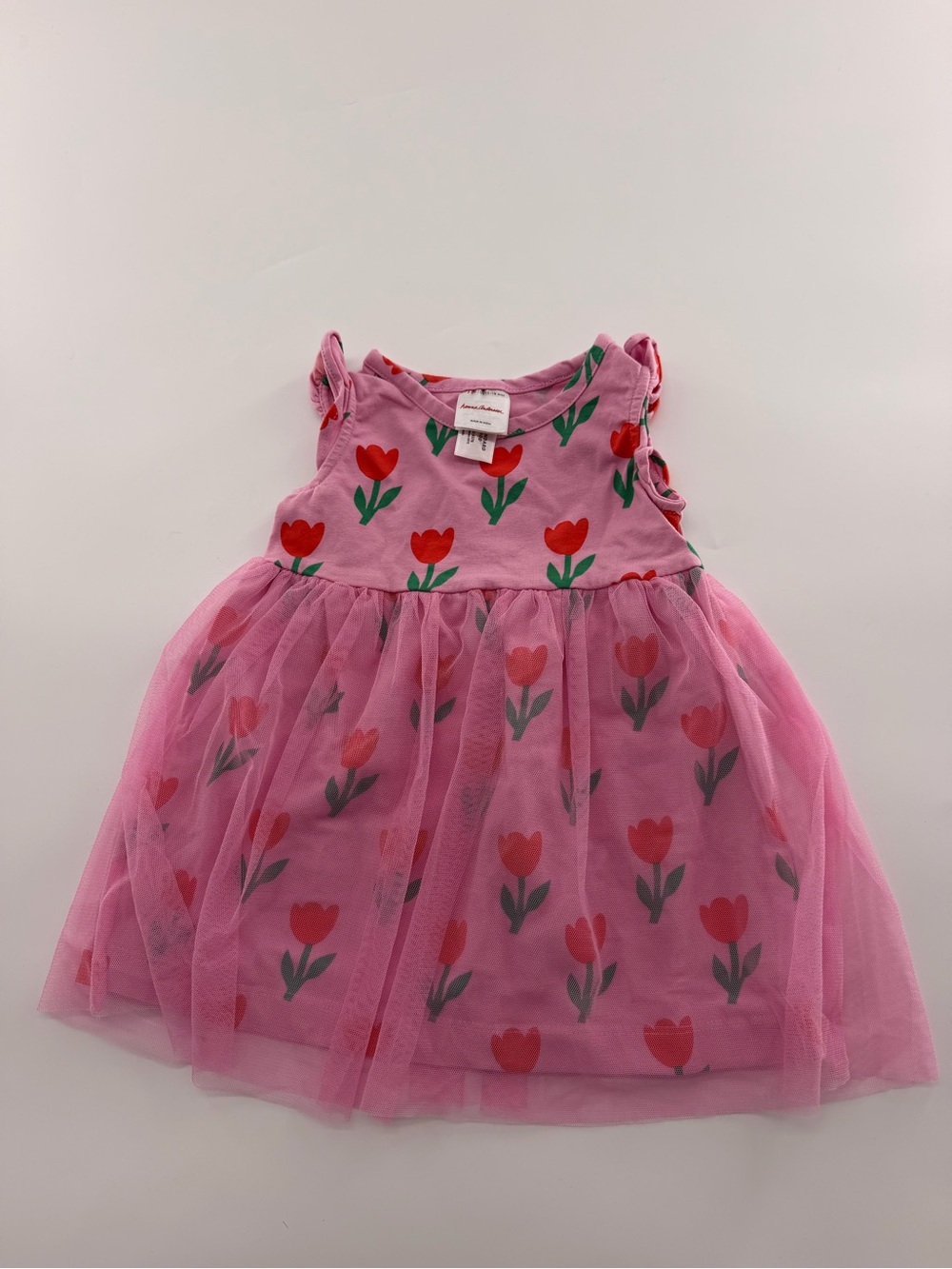 Hanna Andersson Baby Flutter Sleeve Tulle Dress Pink Tulips Flowers Girl HA 8037